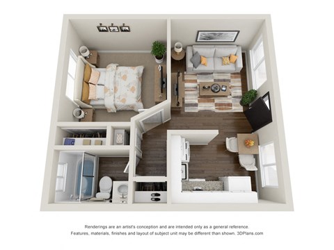 Floor plan for 1 bed, 1 bath, 420 sqft